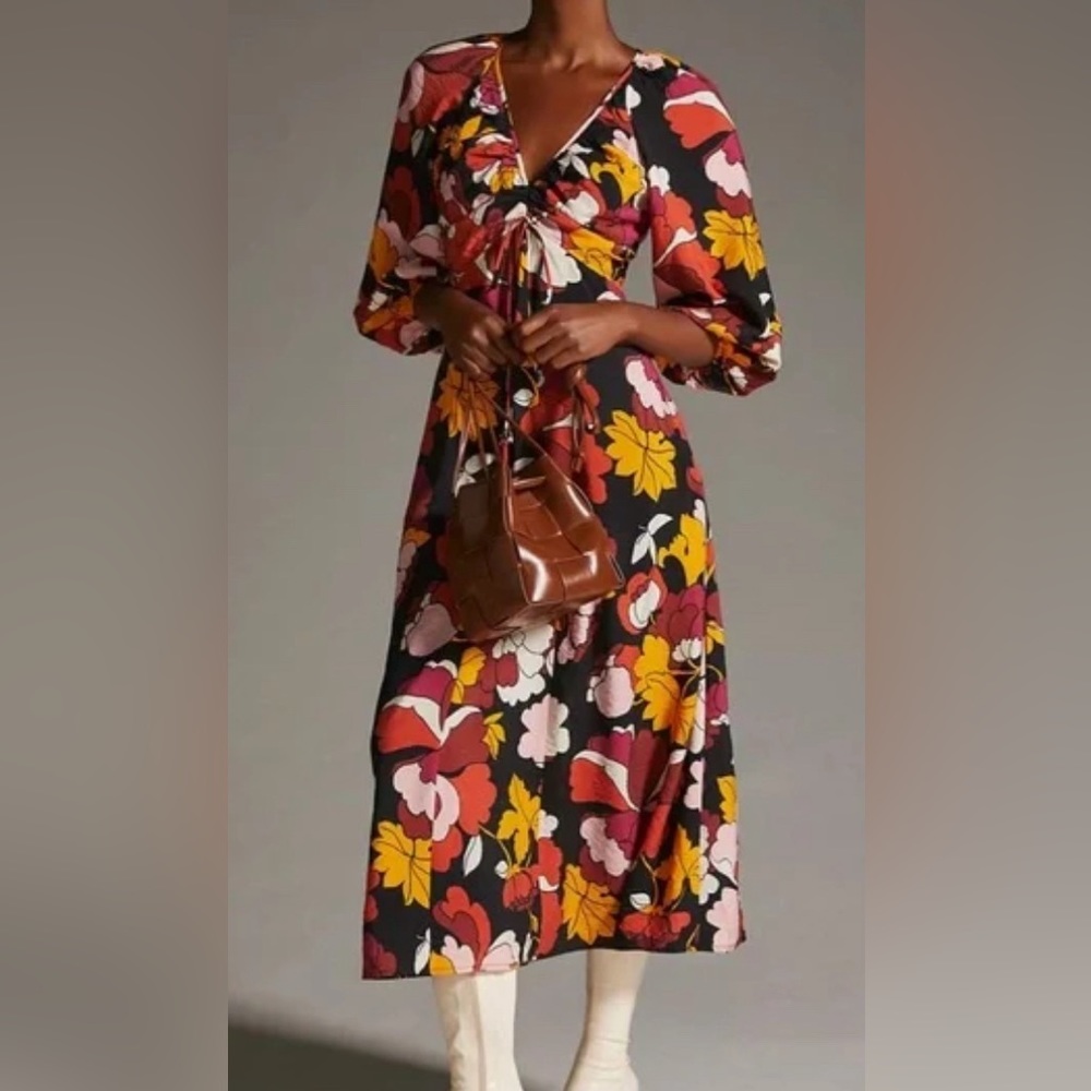 Anthropologie “Maeve” Deep V Ruched Midi Dress